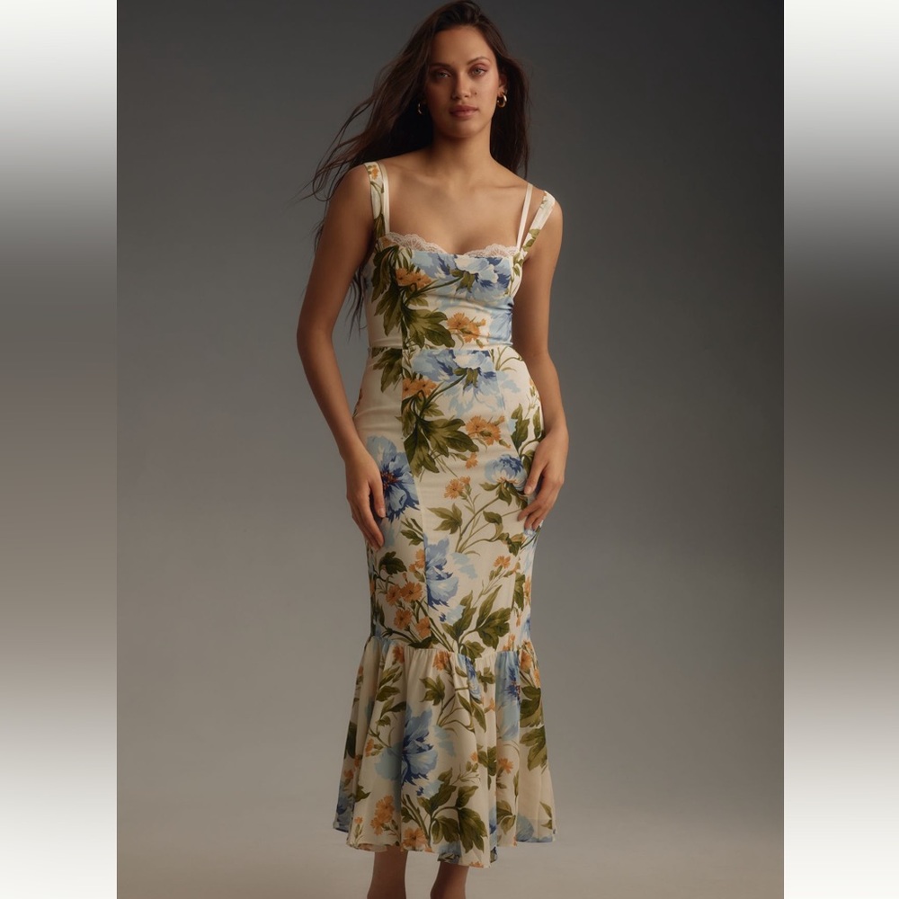 Reformation Cream Floral Midi Dress with Blue and Green Accents